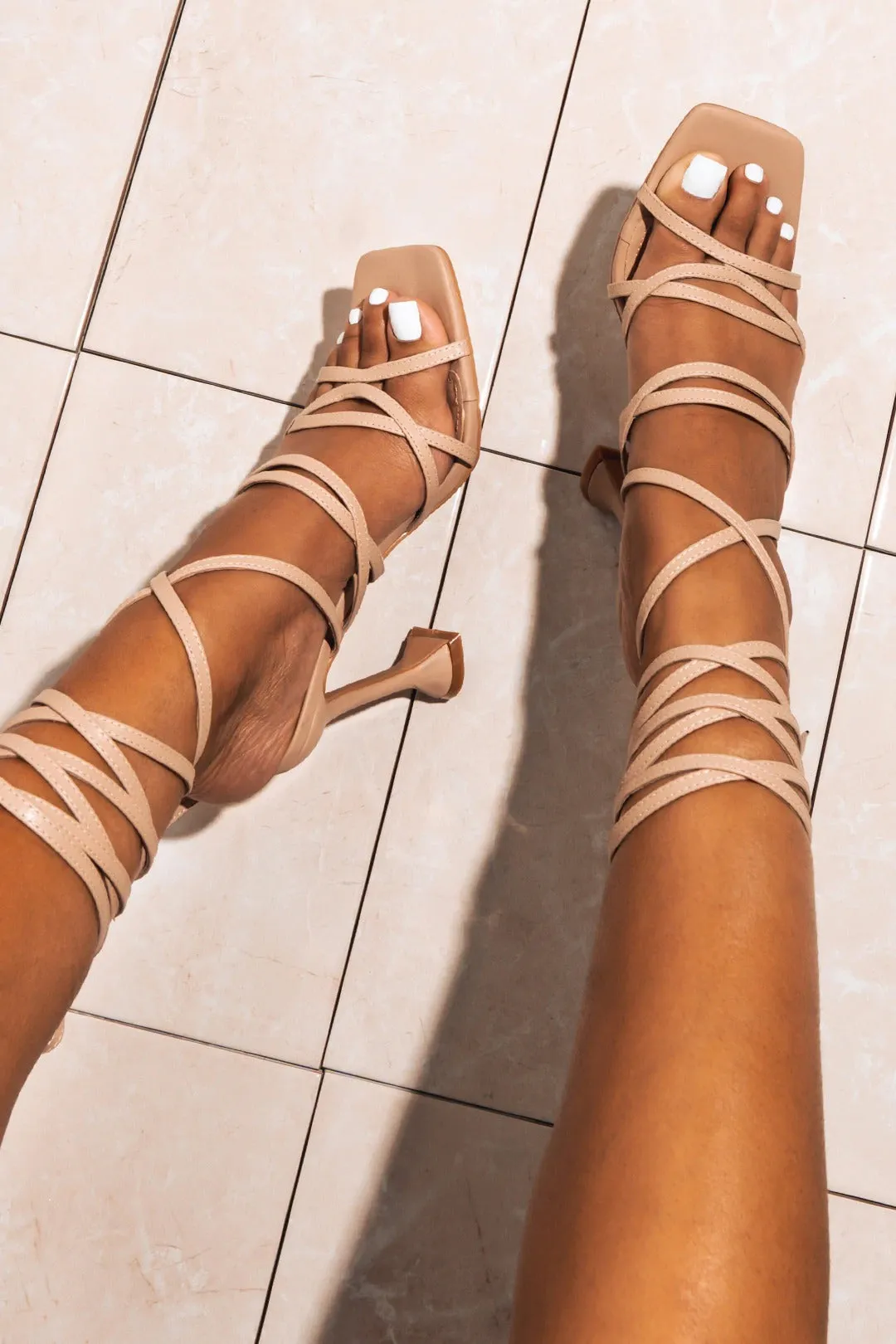 Cape Robbin Jenni Lace-Up Light Strappy Stiletto Flare Heel Open Toe Sandal Nude
