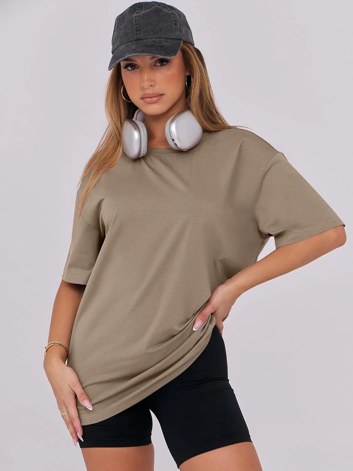 Caracilia Womens Oversized T Shirts Summer Crewneck Short Sleeve Loose Fit Basic Tee Tops Gym Workout Clothes