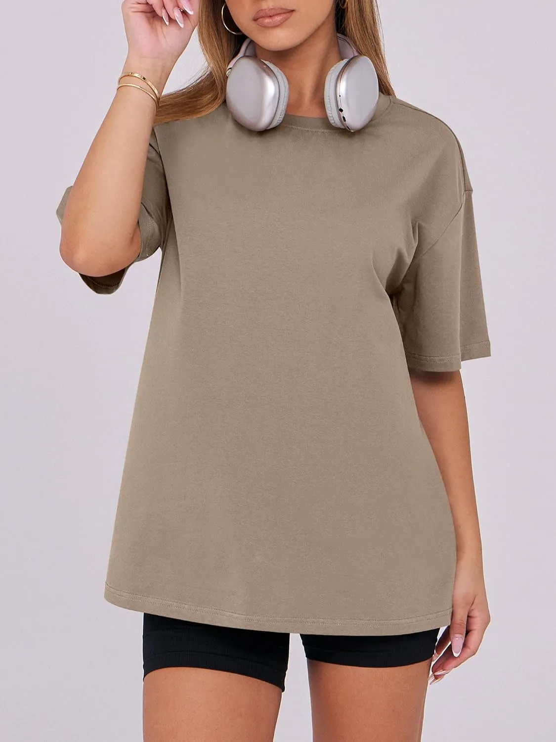 Caracilia Womens Oversized T Shirts Summer Crewneck Short Sleeve Loose Fit Basic Tee Tops Gym Workout Clothes