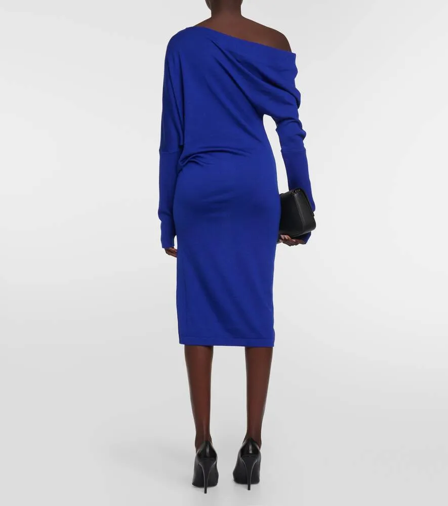 Cashmere and silk off-shoulder midi dress TOM FORD, blue