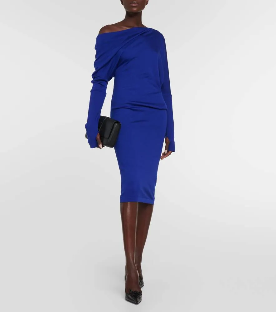 Cashmere and silk off-shoulder midi dress TOM FORD, blue