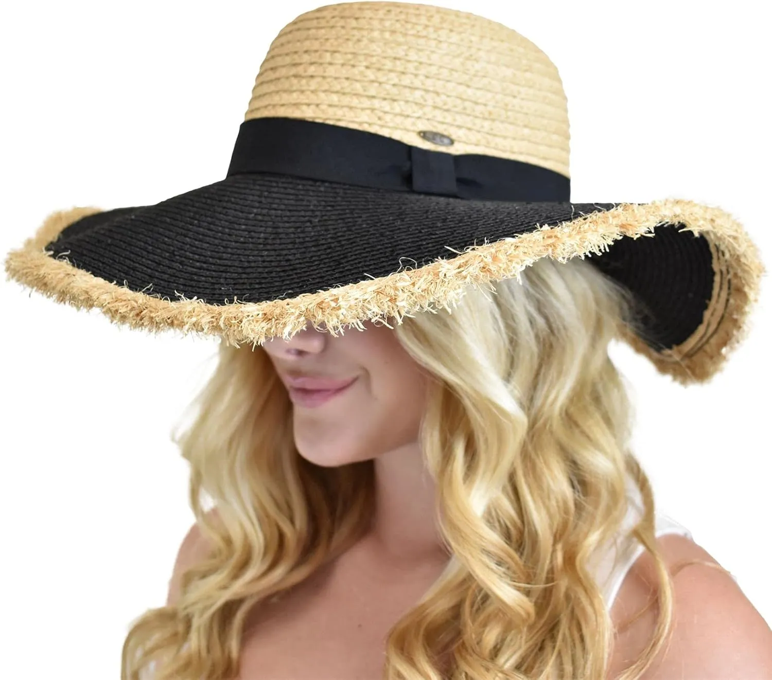 C.C Women's Raffia Paper Woven Fringed Sequin Brim Sun Hat
