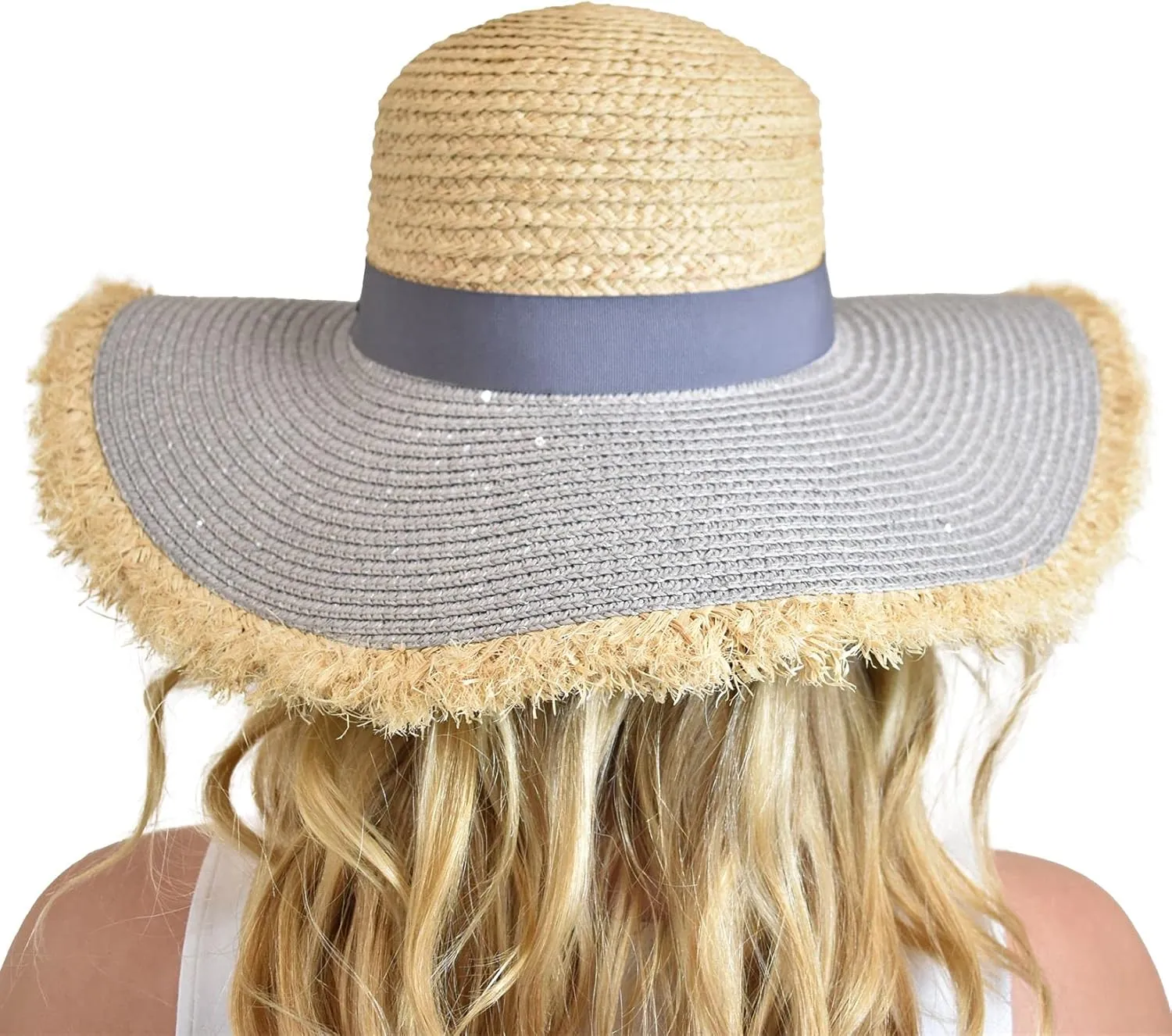 C.C Women's Raffia Paper Woven Fringed Sequin Brim Sun Hat