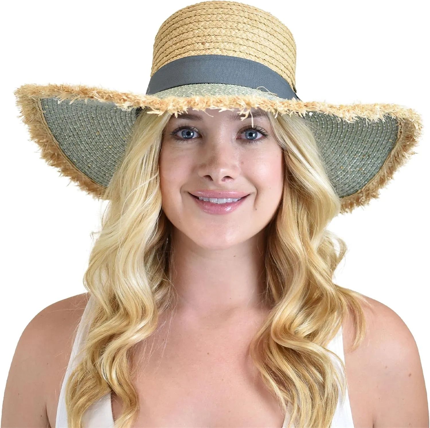 C.C Women's Raffia Paper Woven Fringed Sequin Brim Sun Hat