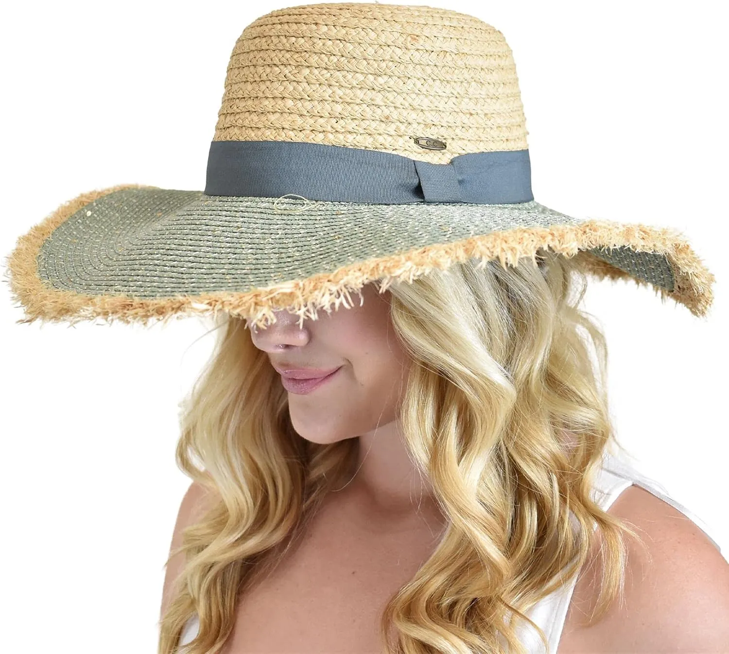 C.C Women's Raffia Paper Woven Fringed Sequin Brim Sun Hat