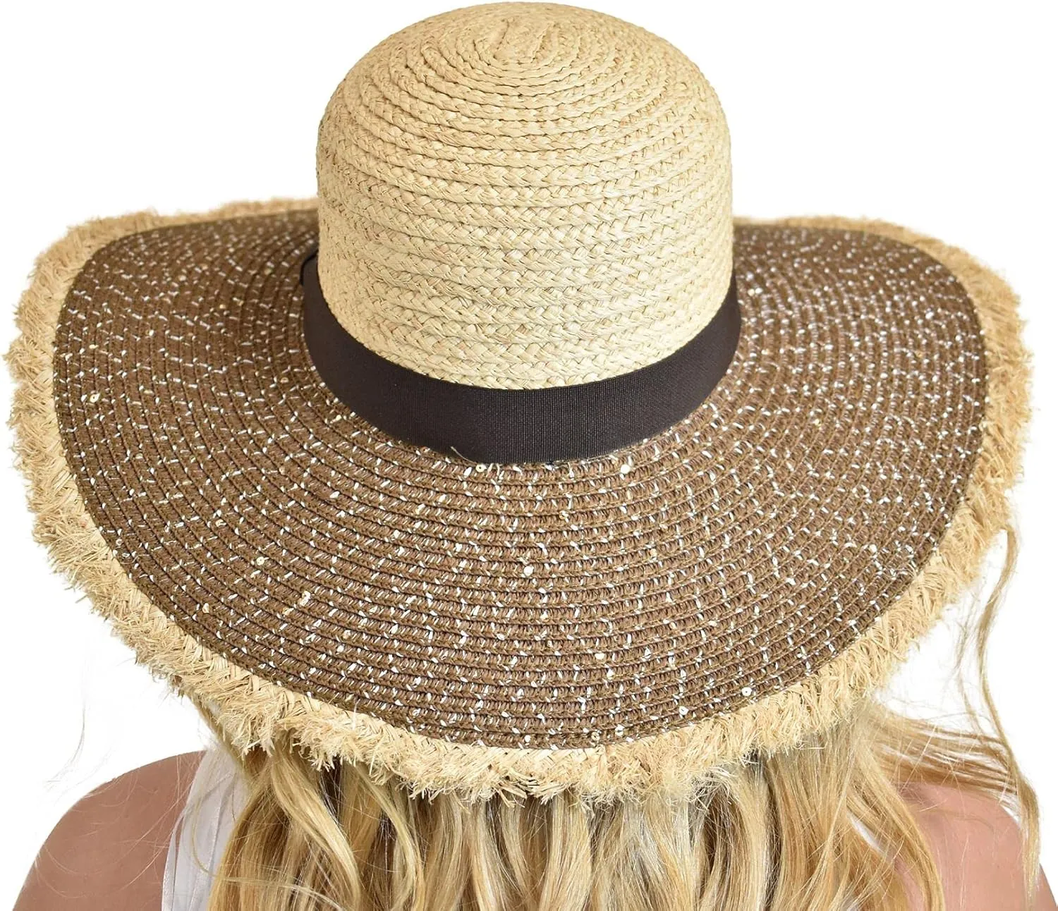 C.C Women's Raffia Paper Woven Fringed Sequin Brim Sun Hat