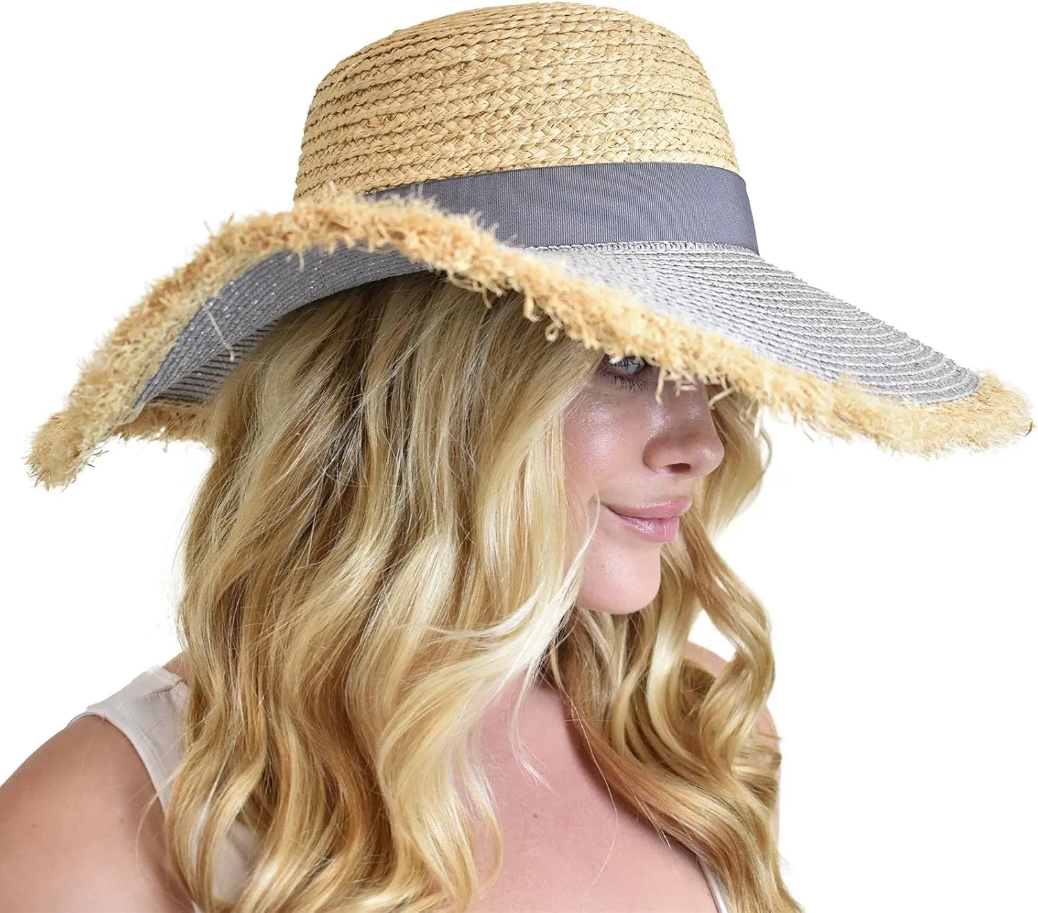 C.C Women's Raffia Paper Woven Fringed Sequin Brim Sun Hat