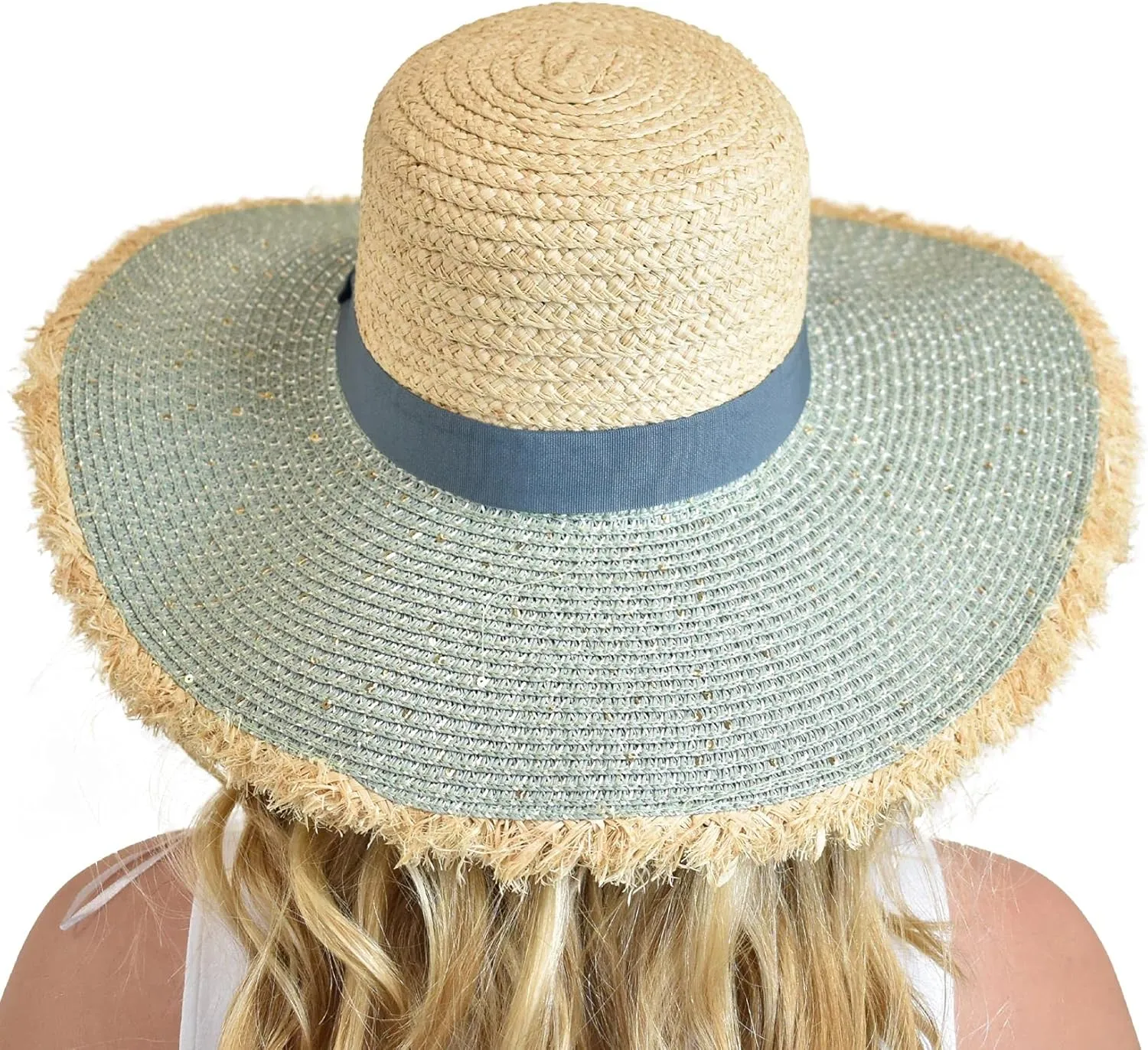 C.C Women's Raffia Paper Woven Fringed Sequin Brim Sun Hat