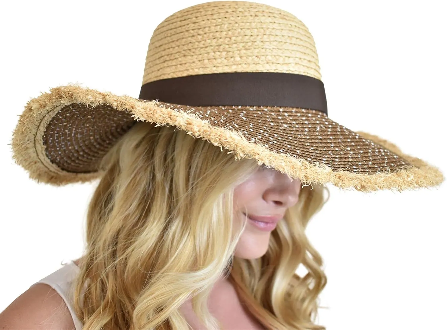 C.C Women's Raffia Paper Woven Fringed Sequin Brim Sun Hat