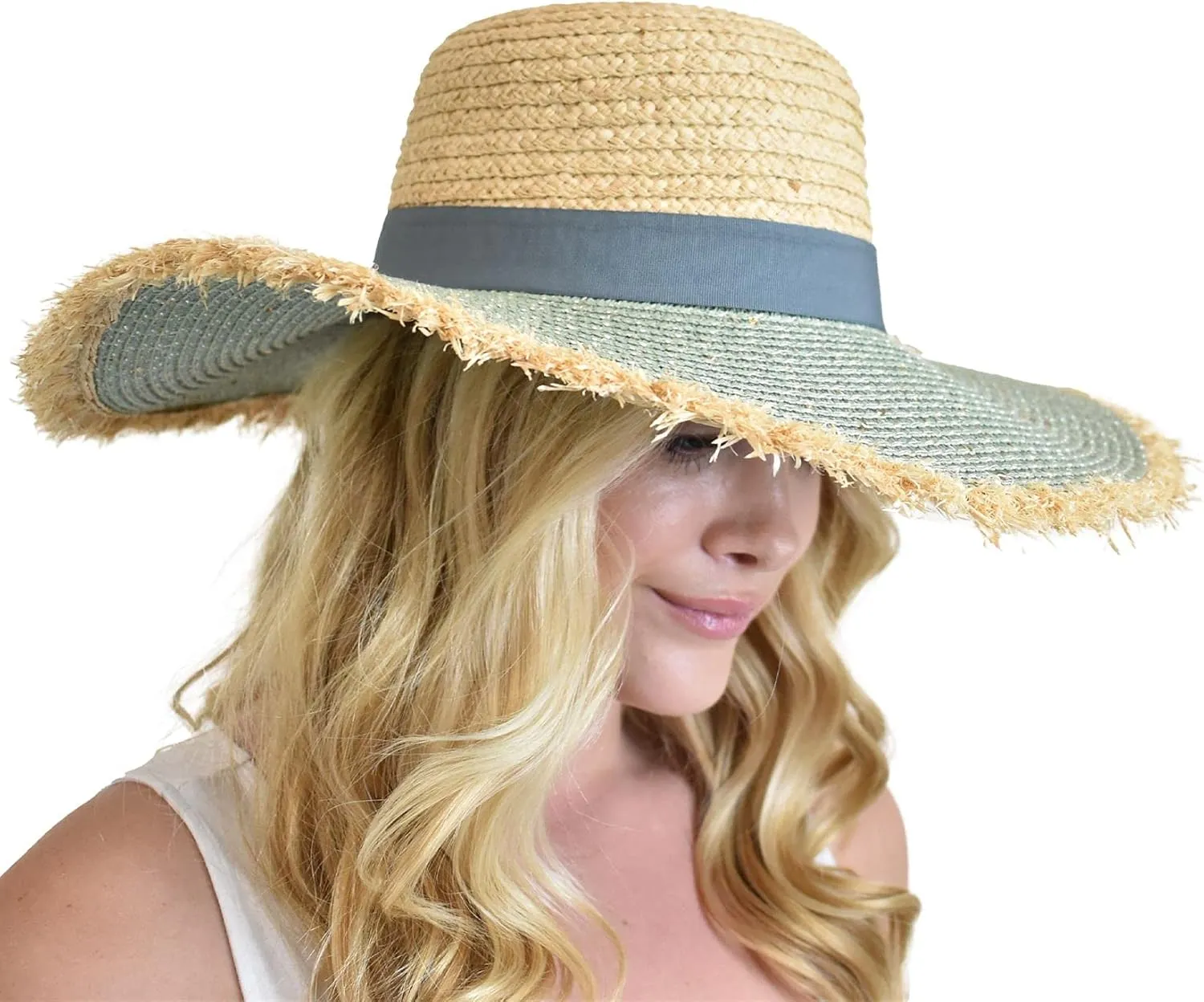 C.C Women's Raffia Paper Woven Fringed Sequin Brim Sun Hat