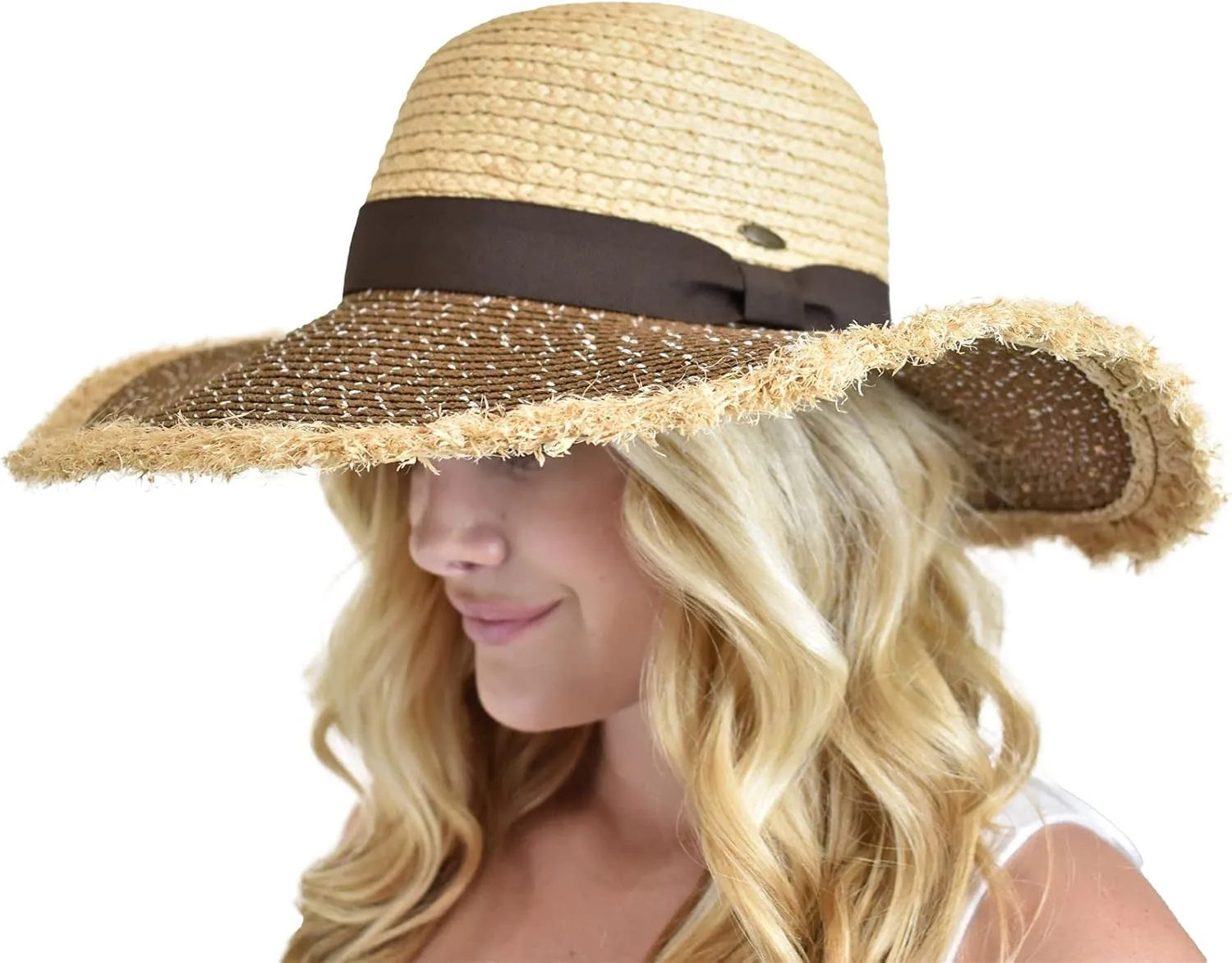 C.C Women's Raffia Paper Woven Fringed Sequin Brim Sun Hat