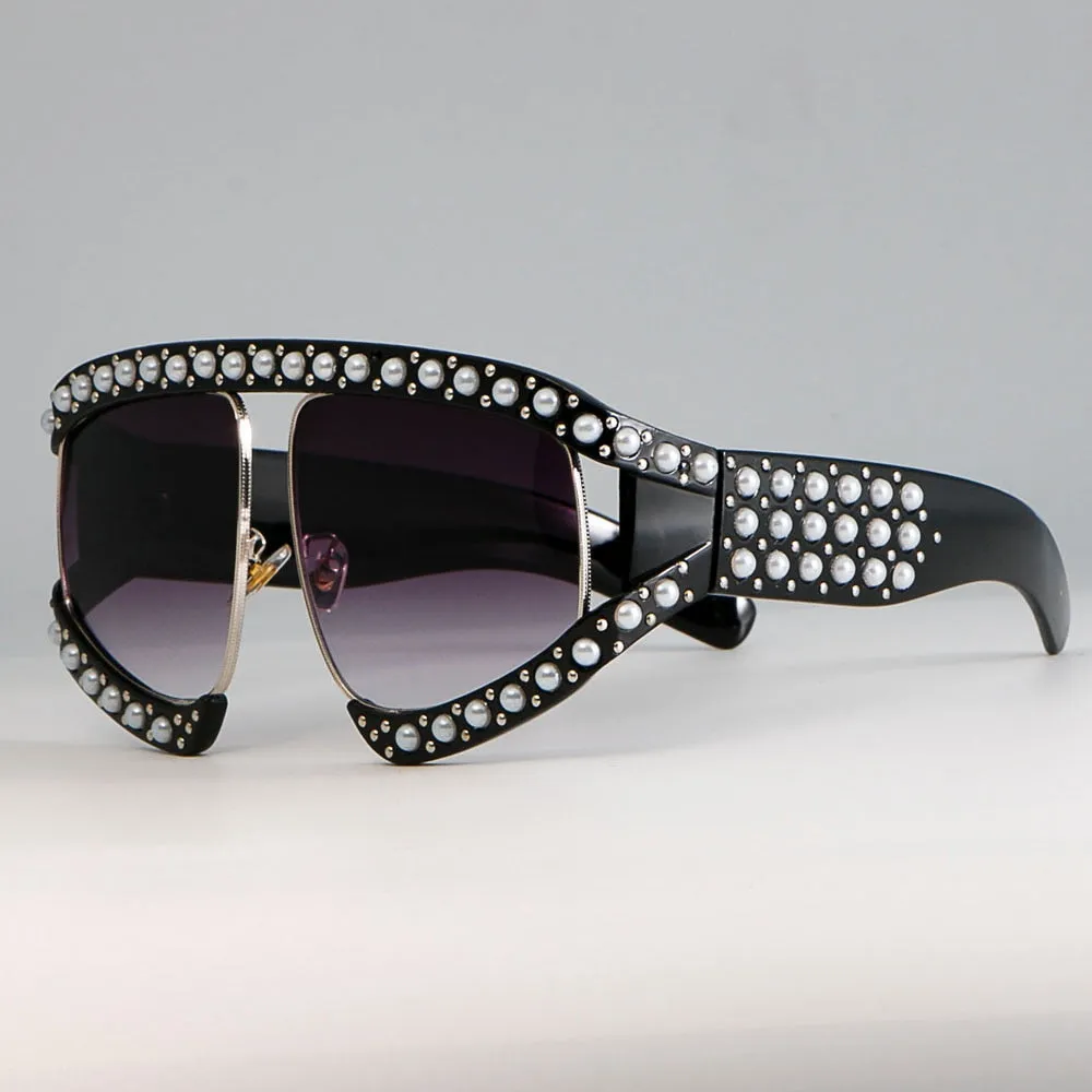 CCspace Women's Full Rim Resin Goggle Frame Pearl Oversized Sunglasses 45448