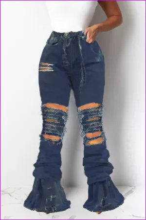 Chain Decorated Holes Pleated Women Flare JeansDE939