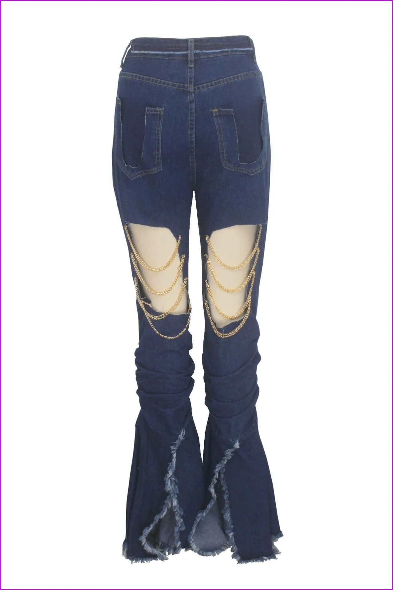 Chain Decorated Holes Pleated Women Flare JeansDE939