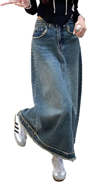 CHARTOU Women Distressed Long Denim Skirt Maxi Jean Skirt Frayed Hem Patchwork A Line Skirt Summer