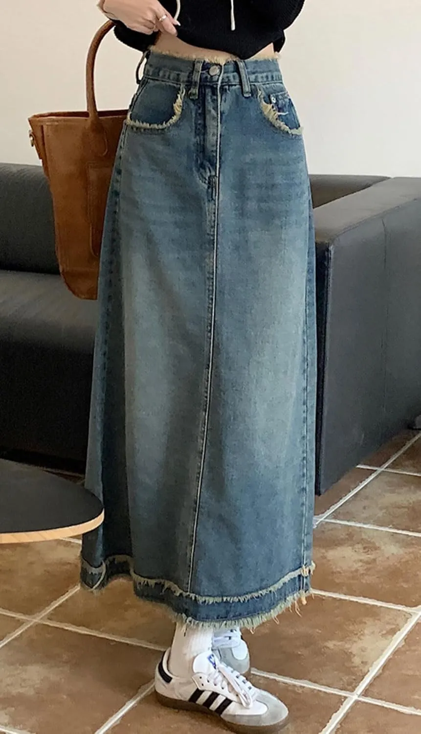 CHARTOU Women Distressed Long Denim Skirt Maxi Jean Skirt Frayed Hem Patchwork A Line Skirt Summer