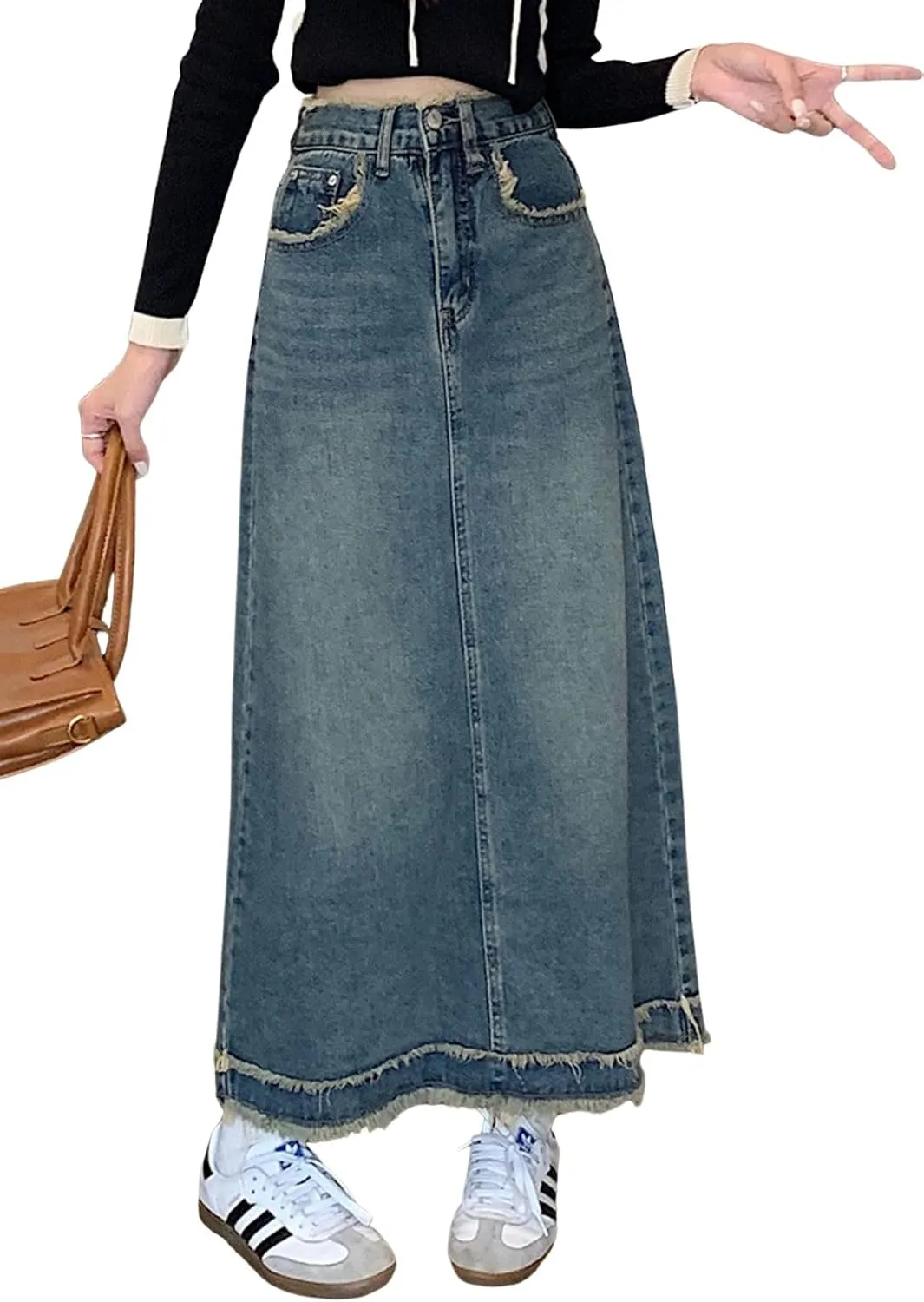 CHARTOU Women Distressed Long Denim Skirt Maxi Jean Skirt Frayed Hem Patchwork A Line Skirt Summer