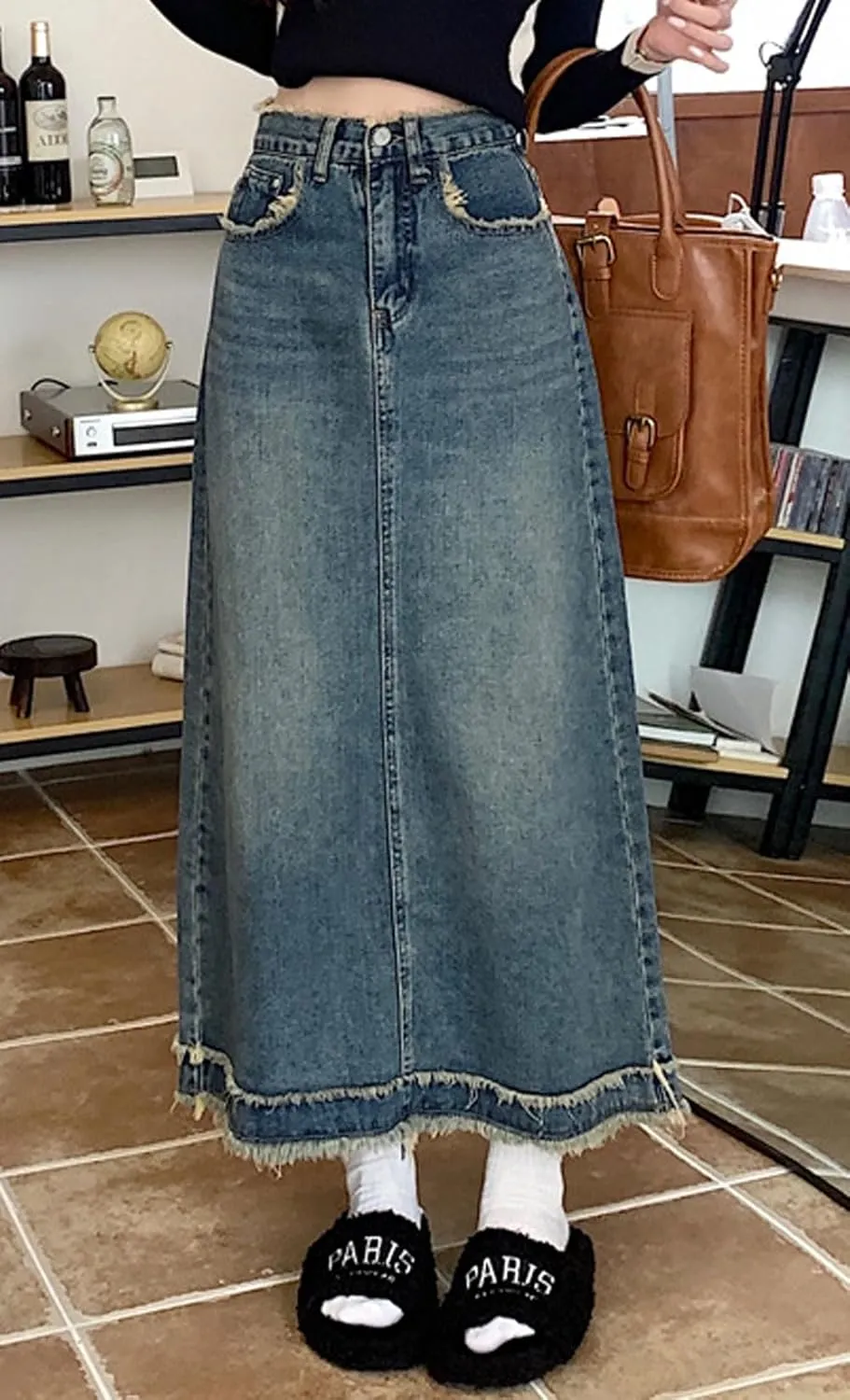 CHARTOU Women Distressed Long Denim Skirt Maxi Jean Skirt Frayed Hem Patchwork A Line Skirt Summer