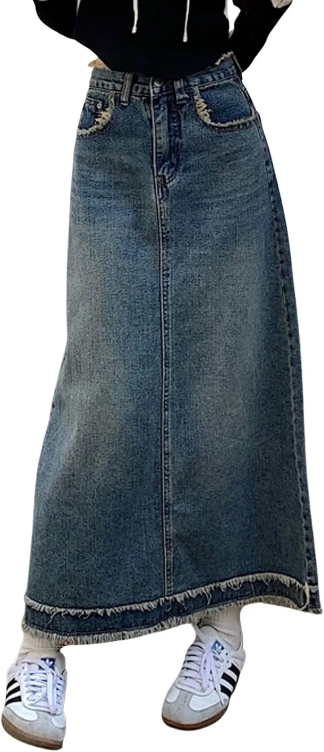 CHARTOU Women Distressed Long Denim Skirt Maxi Jean Skirt Frayed Hem Patchwork A Line Skirt Summer
