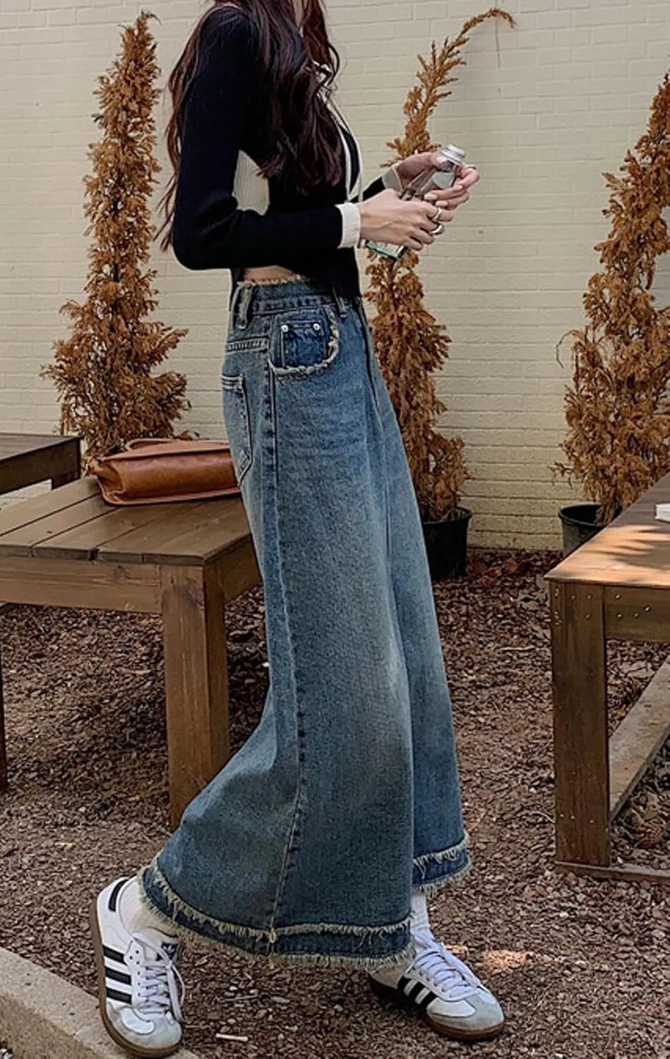 CHARTOU Women Distressed Long Denim Skirt Maxi Jean Skirt Frayed Hem Patchwork A Line Skirt Summer