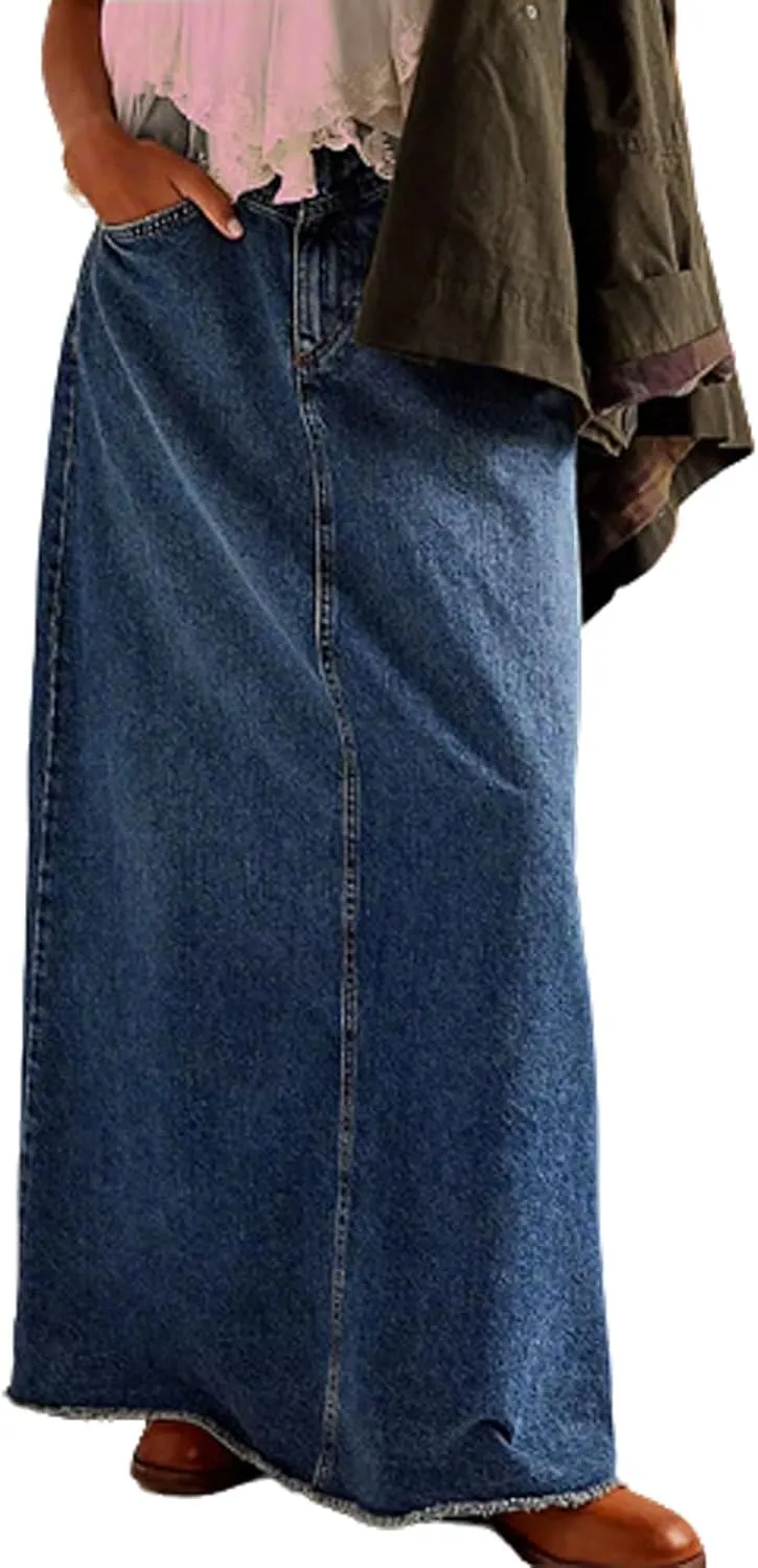 CHARTOU Women Maxi Long Jean Skirt Cargo Frayed Split Up A Line Denim Skirt Straight Streetwear