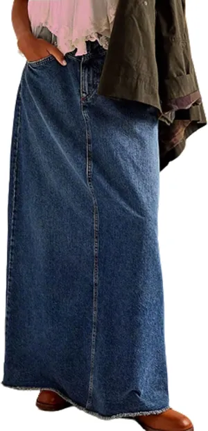 CHARTOU Women Maxi Long Jean Skirt Cargo Frayed Split Up A Line Denim Skirt Straight Streetwear