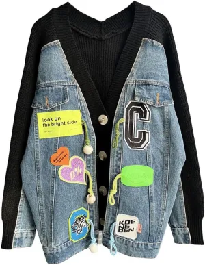 CHARTOU Women's Oversized Open Front Cardigan Jean Patchwork Rib Knit Sweater Coats