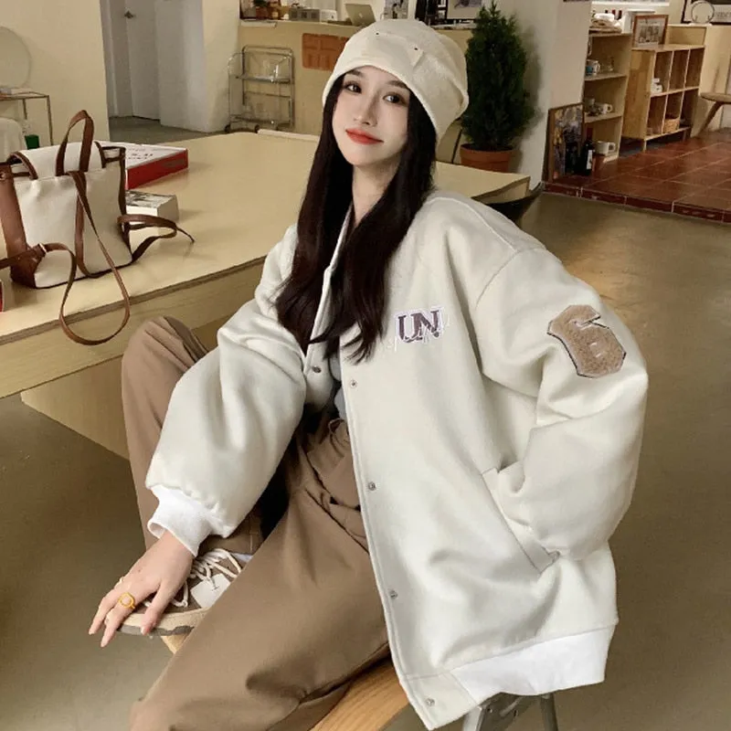 ChicMy-Fall Outfits  Autumn Winter Oversized Warm Bomber Jackets Women Letter Print Embroidery Varsity Baseball Jacket Vintage Loose Streetwear Coats