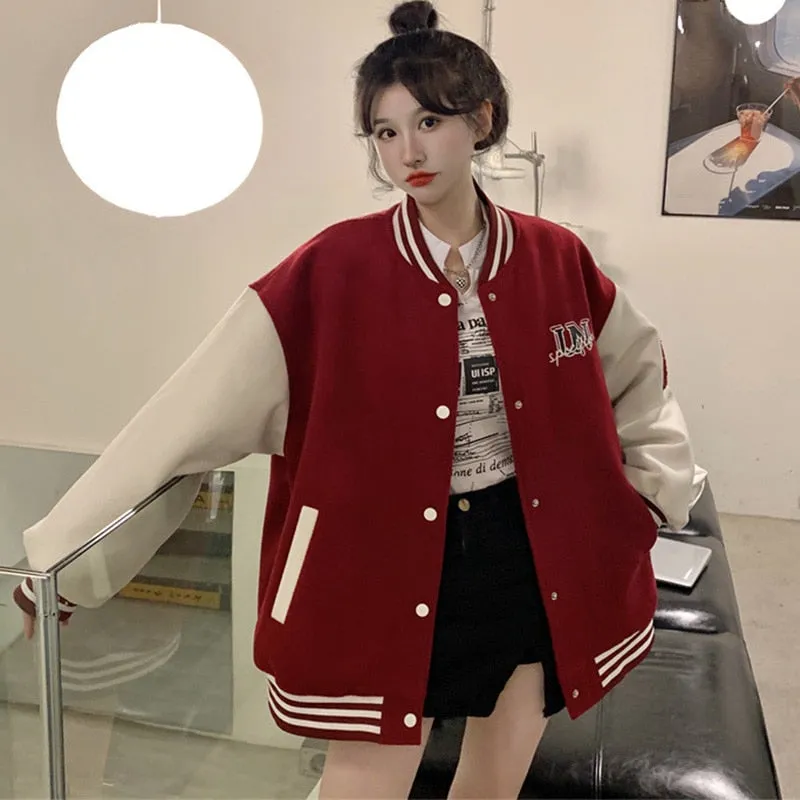 ChicMy-Fall Outfits  Autumn Winter Oversized Warm Bomber Jackets Women Letter Print Embroidery Varsity Baseball Jacket Vintage Loose Streetwear Coats