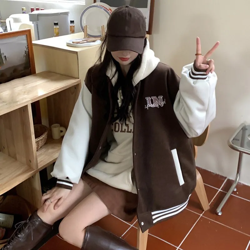 ChicMy-Fall Outfits  Autumn Winter Oversized Warm Bomber Jackets Women Letter Print Embroidery Varsity Baseball Jacket Vintage Loose Streetwear Coats
