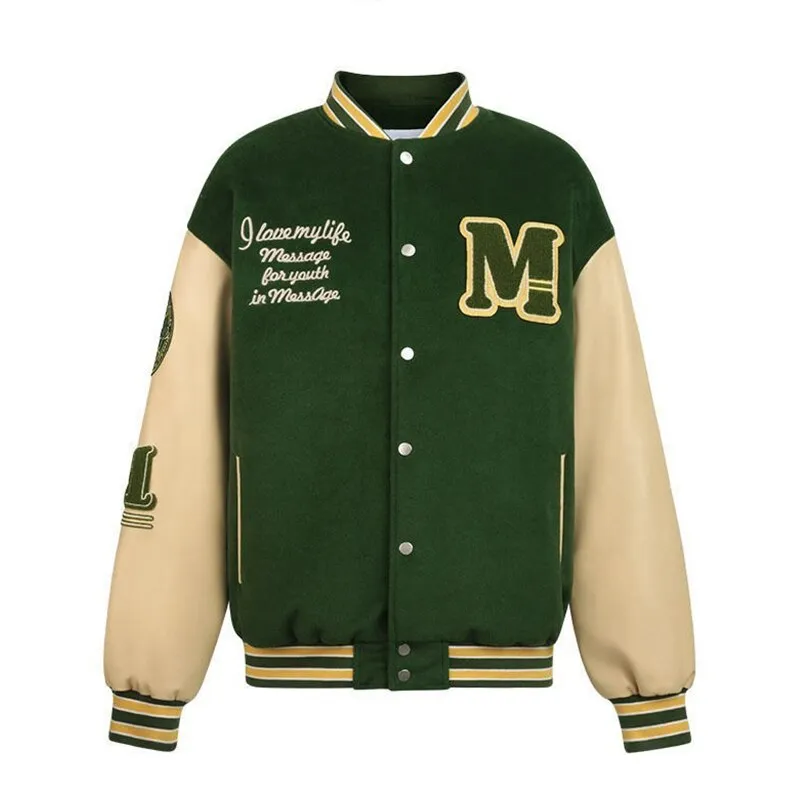 ChicMy-Fall Outfits  Retro PU Leather Stitching Baseball Uniform Jackets Women Autumn Winter Couple Letter Print Embroidered Long Sleeve Bomber Coats