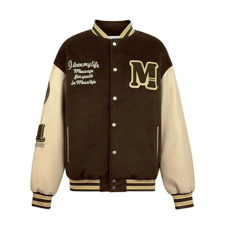 ChicMy-Fall Outfits  Retro PU Leather Stitching Baseball Uniform Jackets Women Autumn Winter Couple Letter Print Embroidered Long Sleeve Bomber Coats