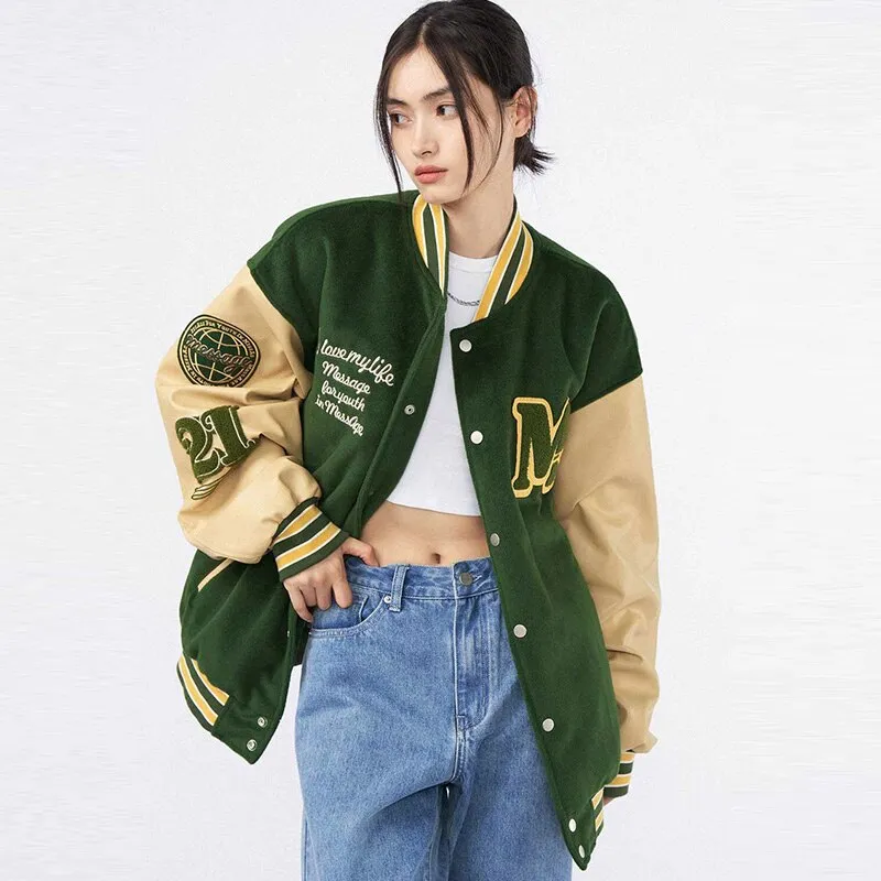 ChicMy-Fall Outfits  Retro PU Leather Stitching Baseball Uniform Jackets Women Autumn Winter Couple Letter Print Embroidered Long Sleeve Bomber Coats