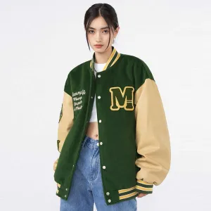 ChicMy-Fall Outfits  Retro PU Leather Stitching Baseball Uniform Jackets Women Autumn Winter Couple Letter Print Embroidered Long Sleeve Bomber Coats