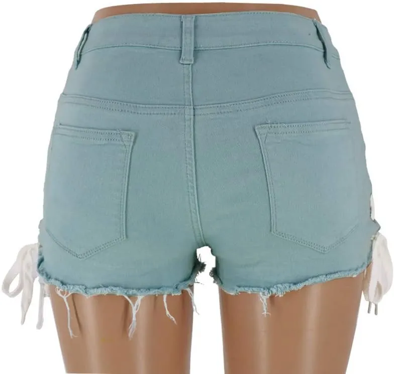 chouyatou Women's High Waist Perfect Butt-Lifting Destroyed Hole Fringed Denim Short Drawstring Slit