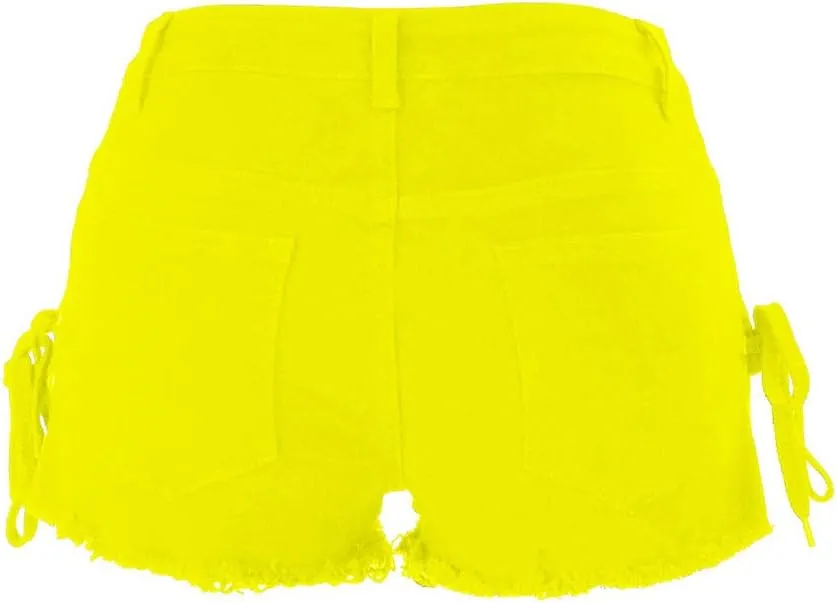 chouyatou Women's High Waist Perfect Butt-Lifting Destroyed Hole Fringed Denim Short Drawstring Slit