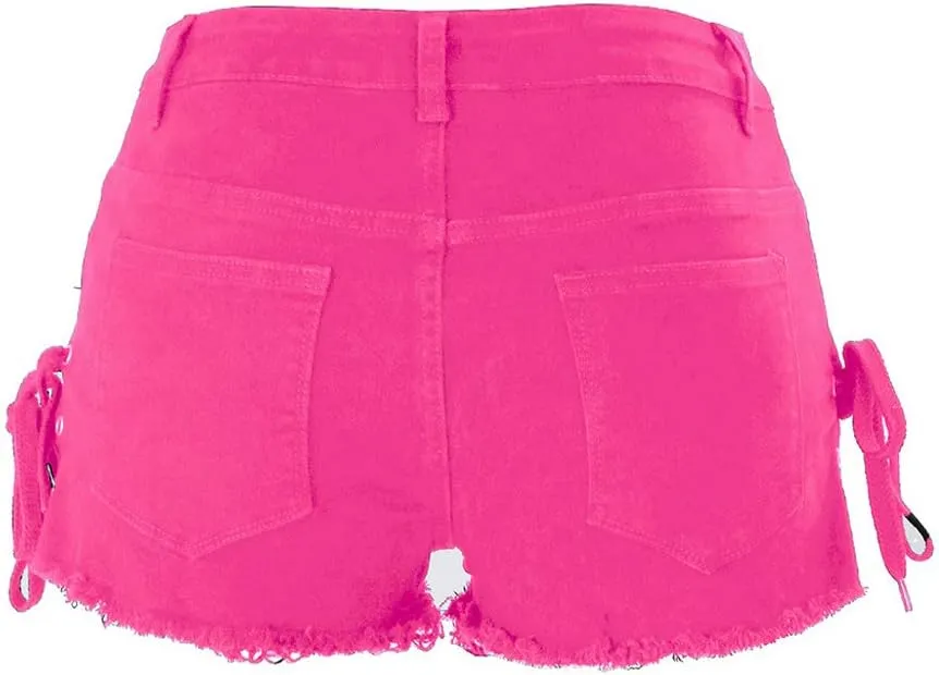 chouyatou Women's High Waist Perfect Butt-Lifting Destroyed Hole Fringed Denim Short Drawstring Slit