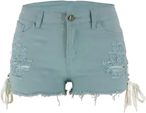 chouyatou Women's High Waist Perfect Butt-Lifting Destroyed Hole Fringed Denim Short Drawstring Slit
