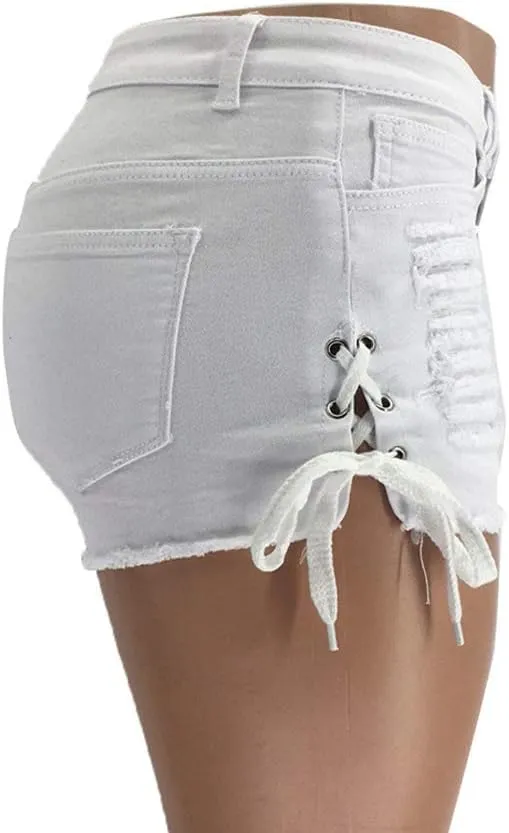 chouyatou Women's High Waist Perfect Butt-Lifting Destroyed Hole Fringed Denim Short Drawstring Slit