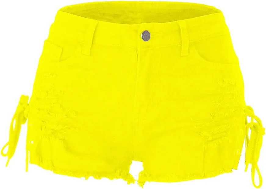 chouyatou Women's High Waist Perfect Butt-Lifting Destroyed Hole Fringed Denim Short Drawstring Slit