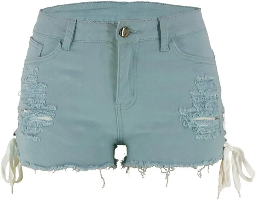 chouyatou Women's High Waist Perfect Butt-Lifting Destroyed Hole Fringed Denim Short Drawstring Slit