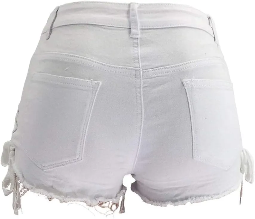 chouyatou Women's High Waist Perfect Butt-Lifting Destroyed Hole Fringed Denim Short Drawstring Slit