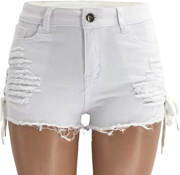 chouyatou Women's High Waist Perfect Butt-Lifting Destroyed Hole Fringed Denim Short Drawstring Slit