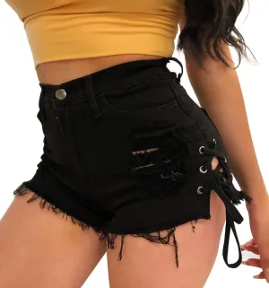 chouyatou Women's High Waist Perfect Butt-Lifting Destroyed Hole Fringed Denim Short Drawstring Slit