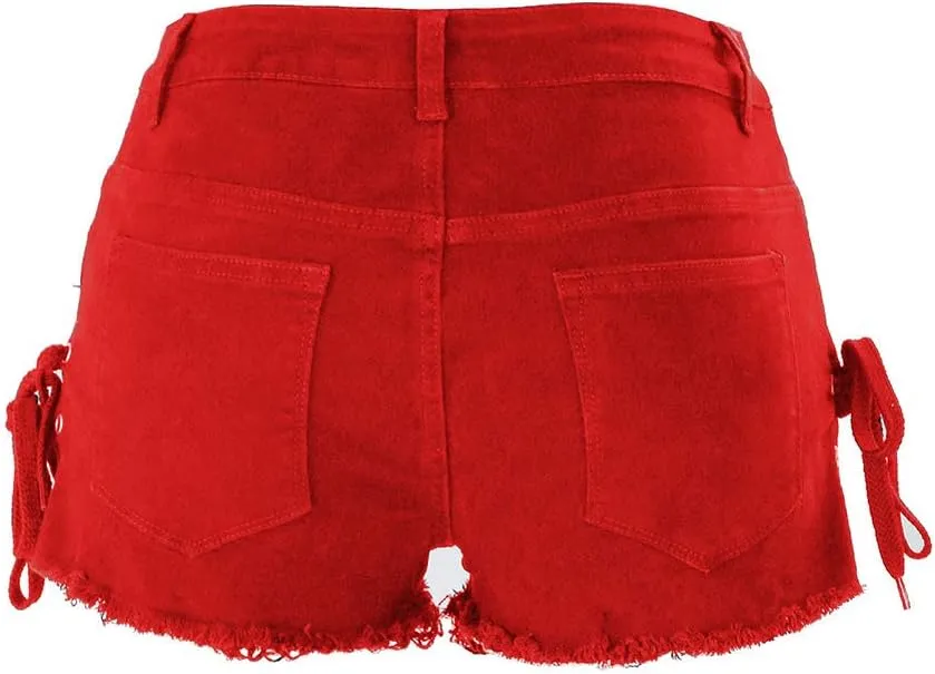 chouyatou Women's High Waist Perfect Butt-Lifting Destroyed Hole Fringed Denim Short Drawstring Slit