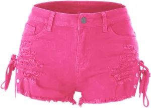 chouyatou Women's High Waist Perfect Butt-Lifting Destroyed Hole Fringed Denim Short Drawstring Slit