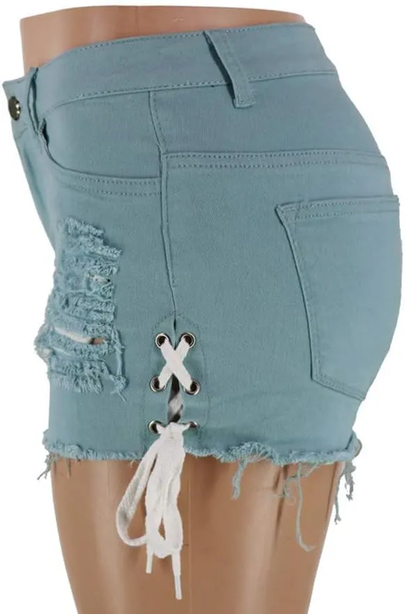 chouyatou Women's High Waist Perfect Butt-Lifting Destroyed Hole Fringed Denim Short Drawstring Slit