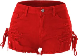chouyatou Women's High Waist Perfect Butt-Lifting Destroyed Hole Fringed Denim Short Drawstring Slit