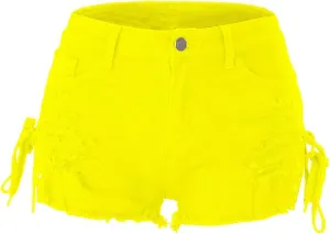 chouyatou Women's High Waist Perfect Butt-Lifting Destroyed Hole Fringed Denim Short Drawstring Slit