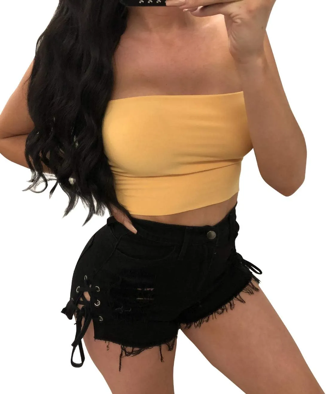 chouyatou Women's High Waist Perfect Butt-Lifting Destroyed Hole Fringed Denim Short Drawstring Slit